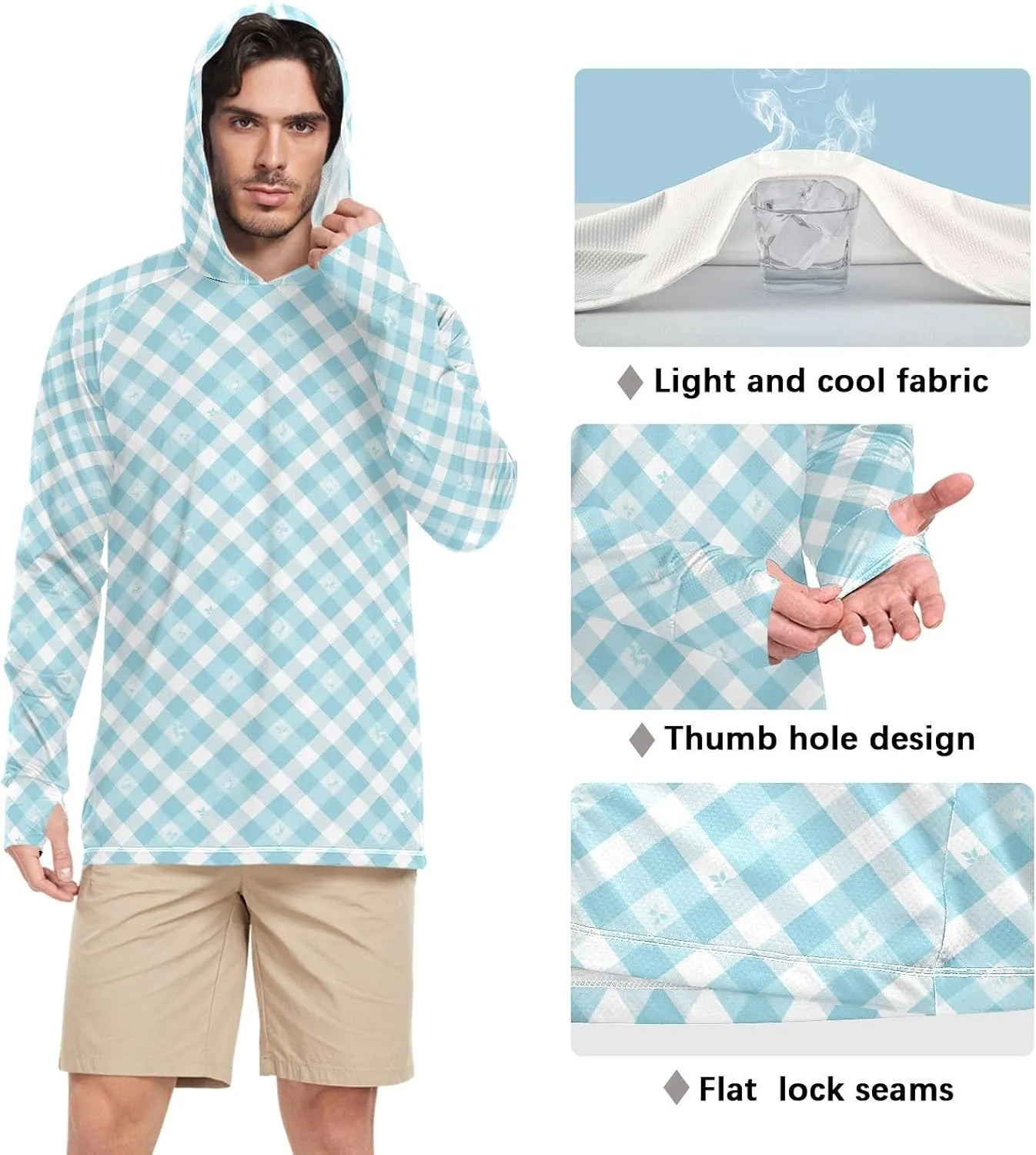 Teal Blue Floral Plaid Men's Sun Protection Hoodie Long Sleeve UPF 50   Mens Sun Shirts Hiking Hoodie Rash Guard UV Shirts