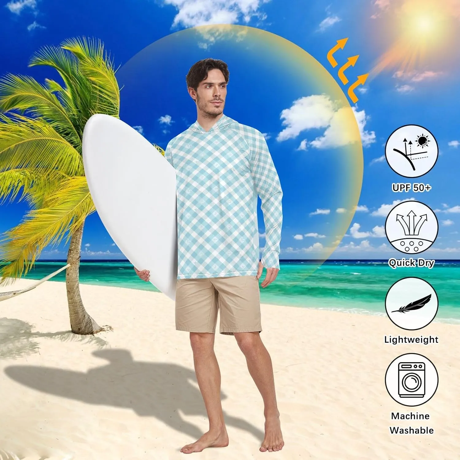 Teal Blue Floral Plaid Men's Sun Protection Hoodie Long Sleeve UPF 50   Mens Sun Shirts Hiking Hoodie Rash Guard UV Shirts