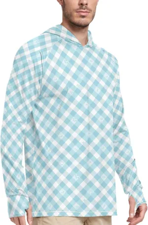 Teal Blue Floral Plaid Men's Sun Protection Hoodie Long Sleeve UPF 50   Mens Sun Shirts Hiking Hoodie Rash Guard UV Shirts