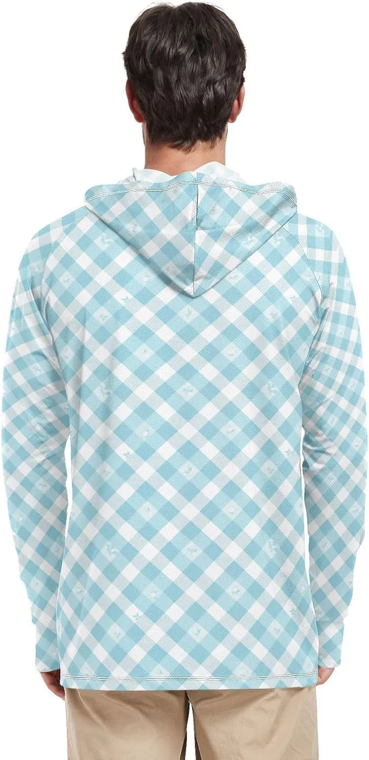 Teal Blue Floral Plaid Men's Sun Protection Hoodie Long Sleeve UPF 50   Mens Sun Shirts Hiking Hoodie Rash Guard UV Shirts