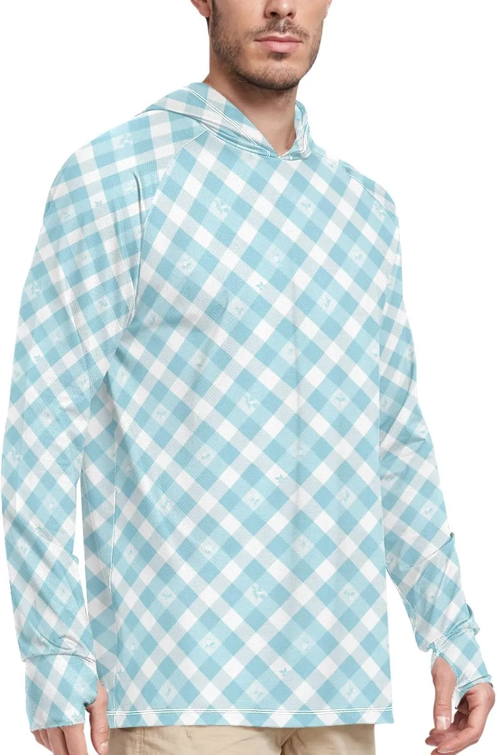 Teal Blue Floral Plaid Men's Sun Protection Hoodie Long Sleeve UPF 50   Mens Sun Shirts Hiking Hoodie Rash Guard UV Shirts