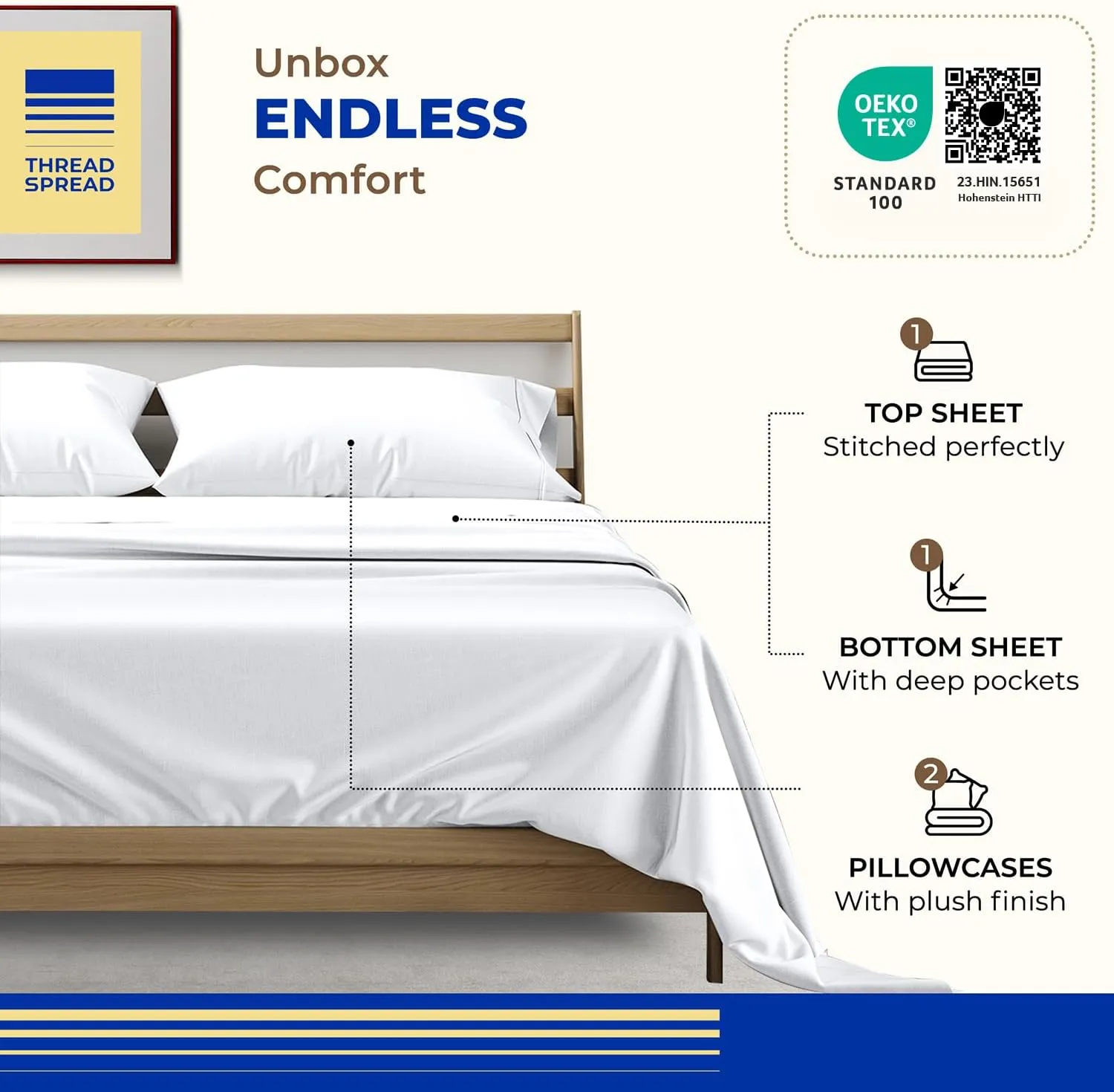 THREAD SPREAD 100% Egyptian Cotton Queen Sheet Set - Luxury High Thread Count Egyptian Cotton Bed Sheets Queen Size, 16" Deep Pocket Bed Set, Silky Soft, Cooling, Sateen Weave Bedding - White