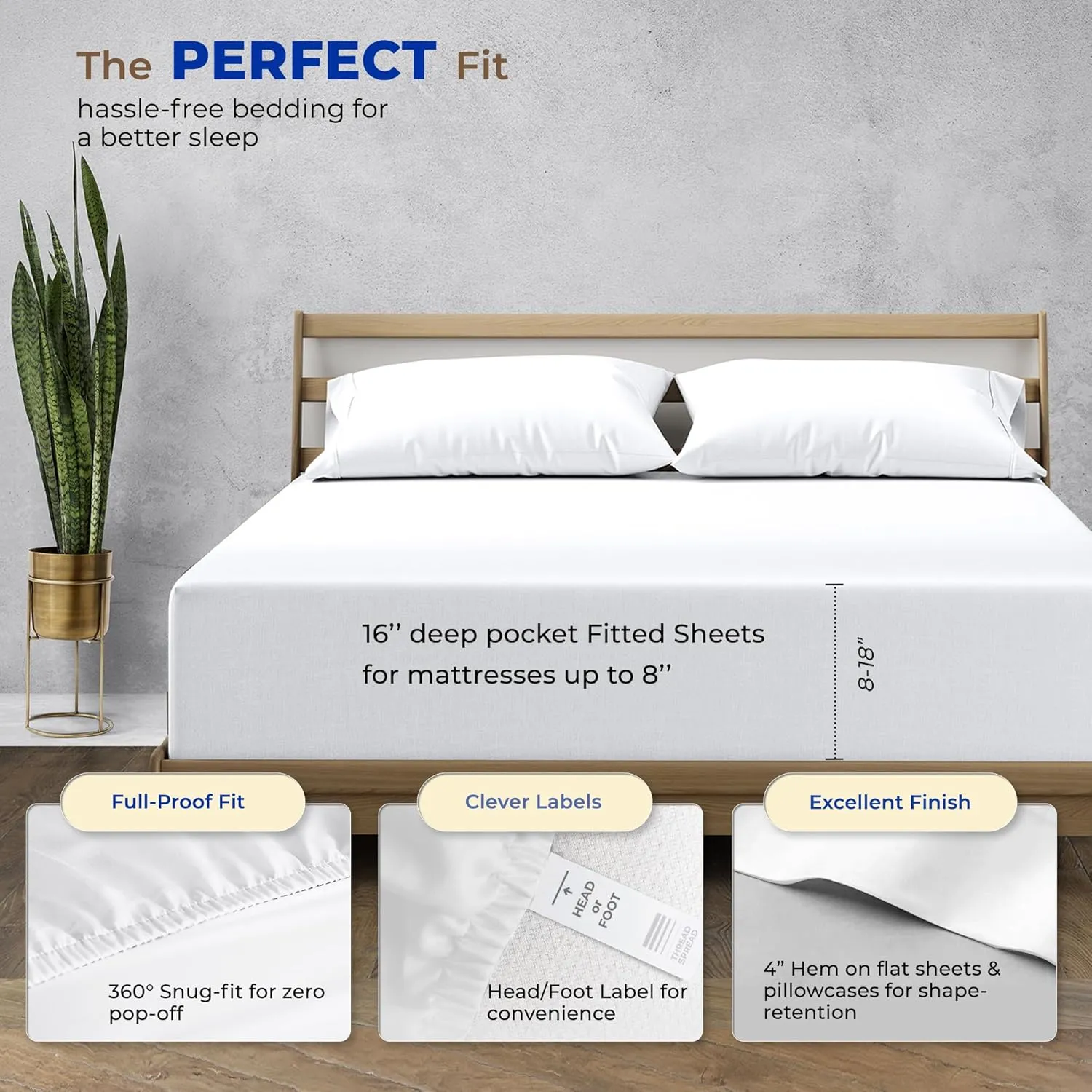 THREAD SPREAD 100% Egyptian Cotton Queen Sheet Set - Luxury High Thread Count Egyptian Cotton Bed Sheets Queen Size, 16" Deep Pocket Bed Set, Silky Soft, Cooling, Sateen Weave Bedding - White