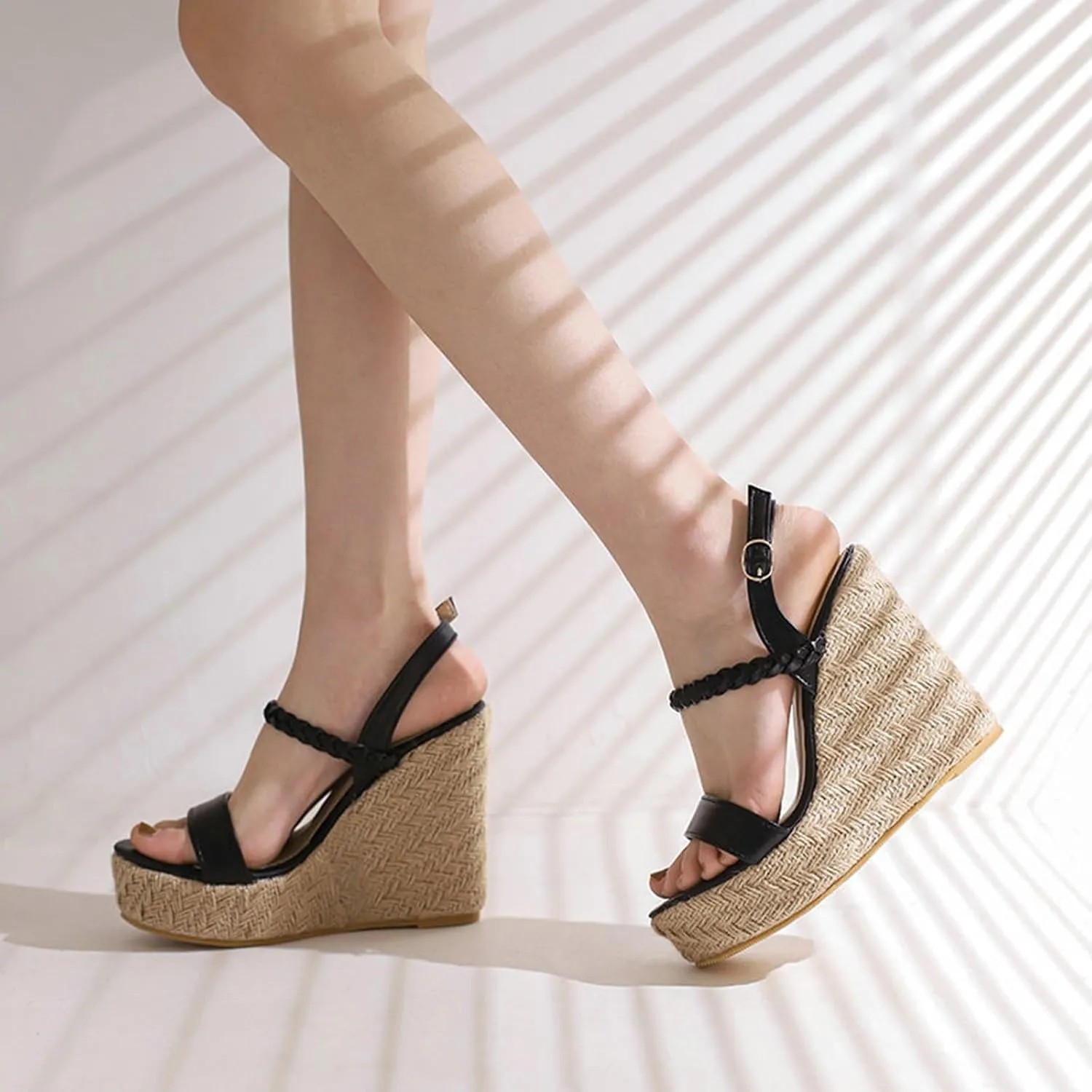 TNXZ Womens Wedge Platform Sandals Open Toe Espadrille High Heels Buckle Braided Ankle Strap Summer Shoes