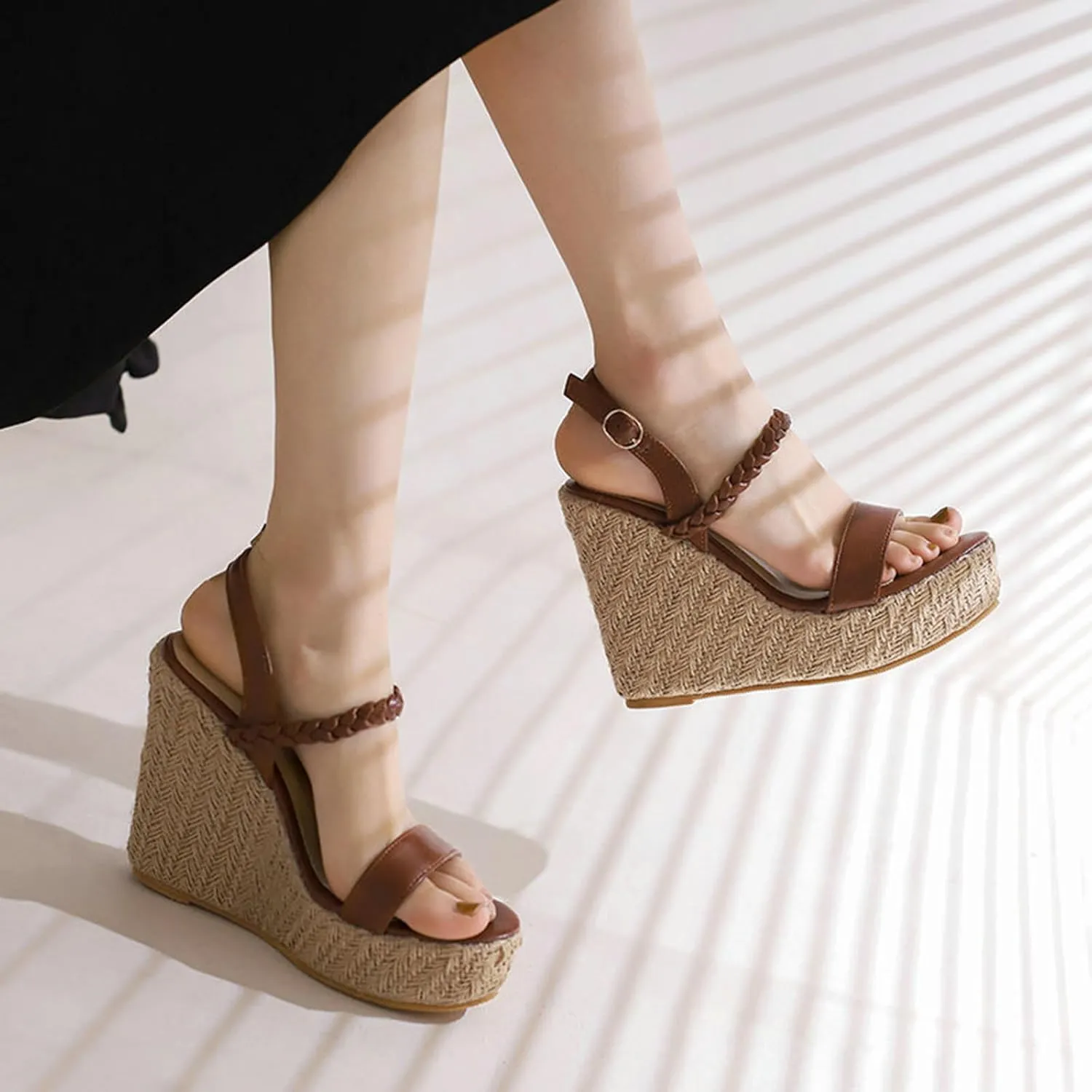 TNXZ Womens Wedge Platform Sandals Open Toe Espadrille High Heels Buckle Braided Ankle Strap Summer Shoes