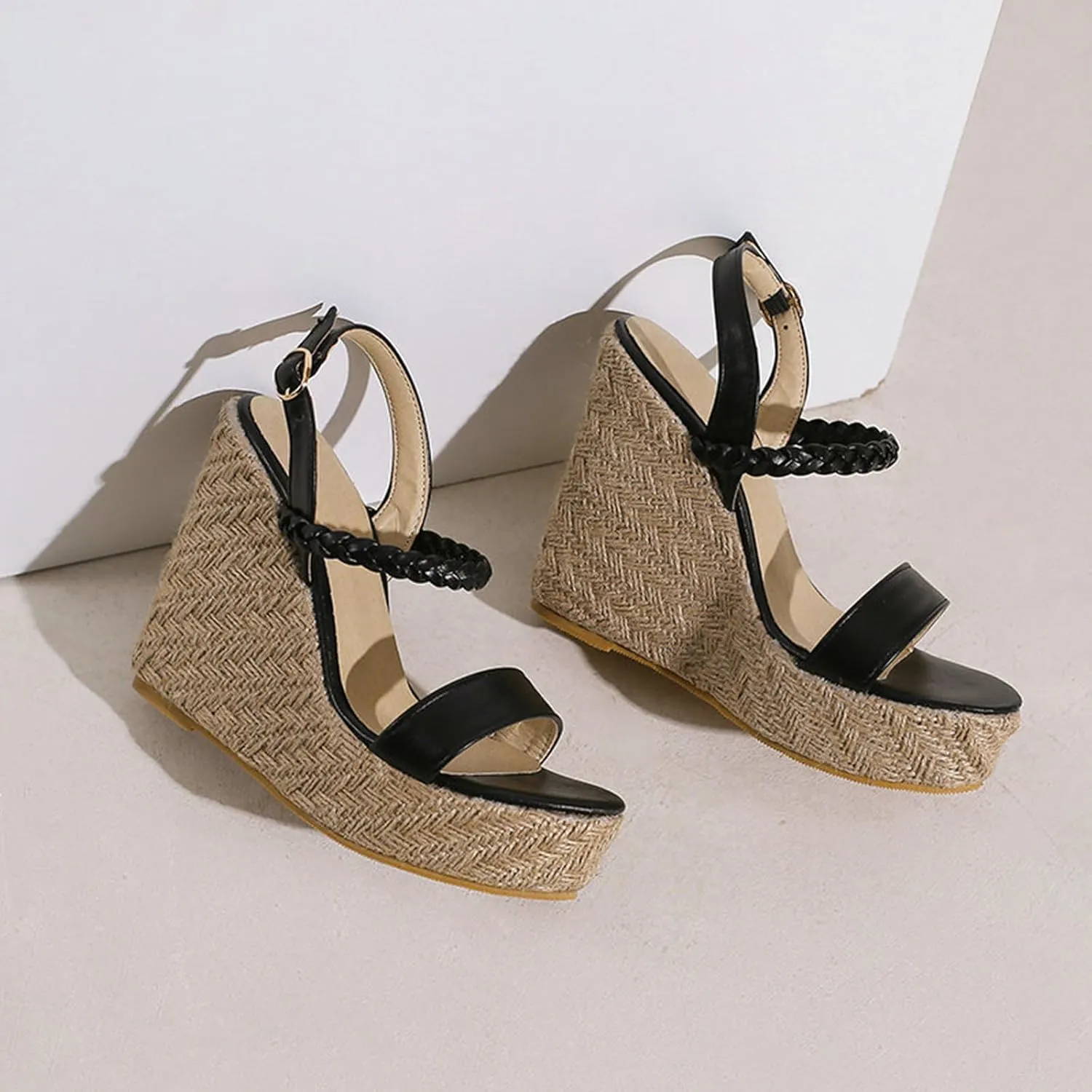 TNXZ Womens Wedge Platform Sandals Open Toe Espadrille High Heels Buckle Braided Ankle Strap Summer Shoes