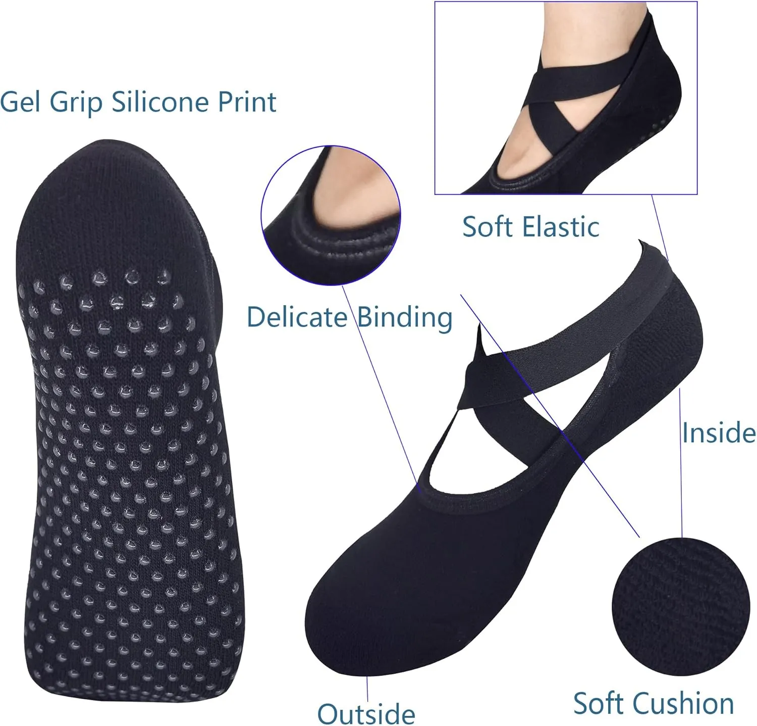 Toes&Feet Black Padded Cushion Ballet Grippy Barre Yoga Pilates Socks with Grips for Women Non Slip