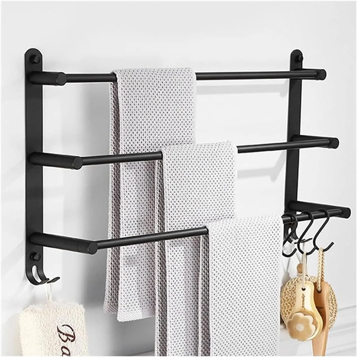 Towel Racks Towel Rail for Bathroom, 3-Tier Towel Bar, 30/40/50/60Cm Bathroom Hand Towel Holder, Rustproof Towel Hanger/Slipper Rack with 2 Hooks Wall Mount/Black-50Cm/a (Color : Black-40cm, Size :