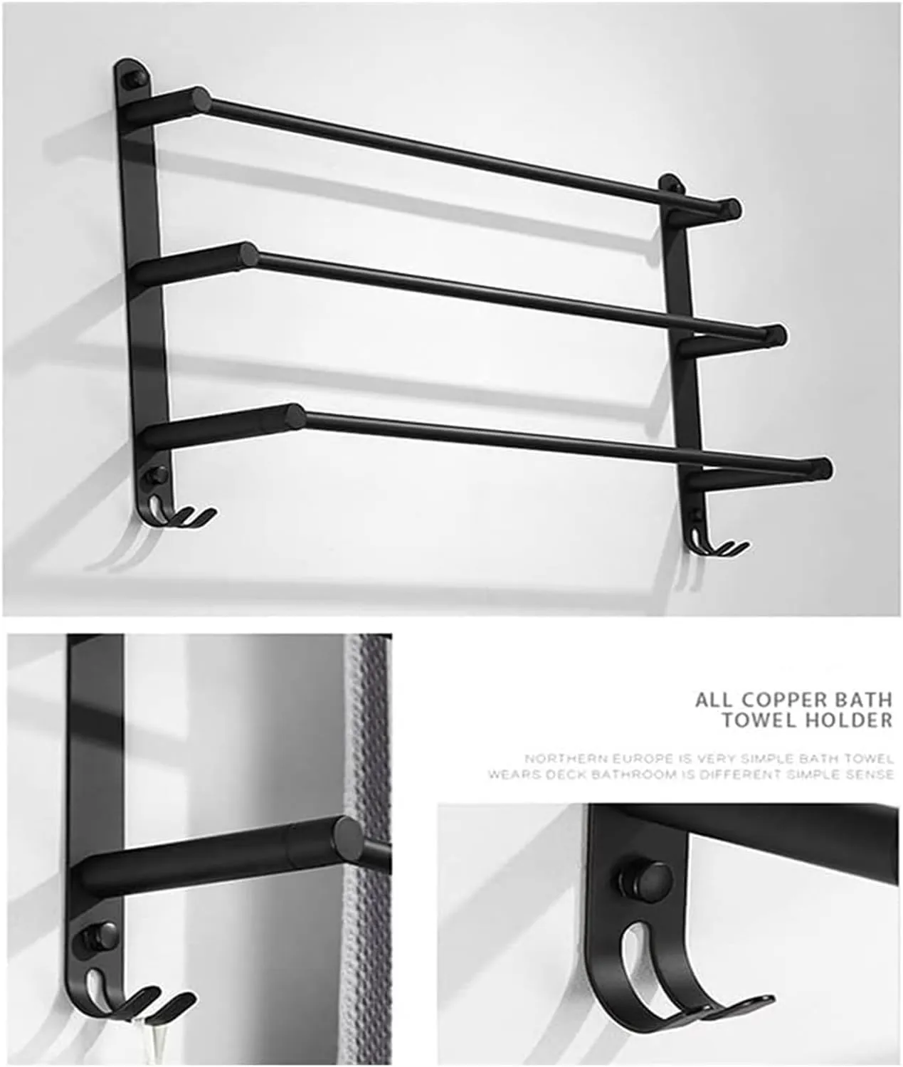 Towel Racks Towel Rail for Bathroom, 3-Tier Towel Bar, 30/40/50/60Cm Bathroom Hand Towel Holder, Rustproof Towel Hanger/Slipper Rack with 2 Hooks Wall Mount/Black-50Cm/a (Color : Black-40cm, Size :