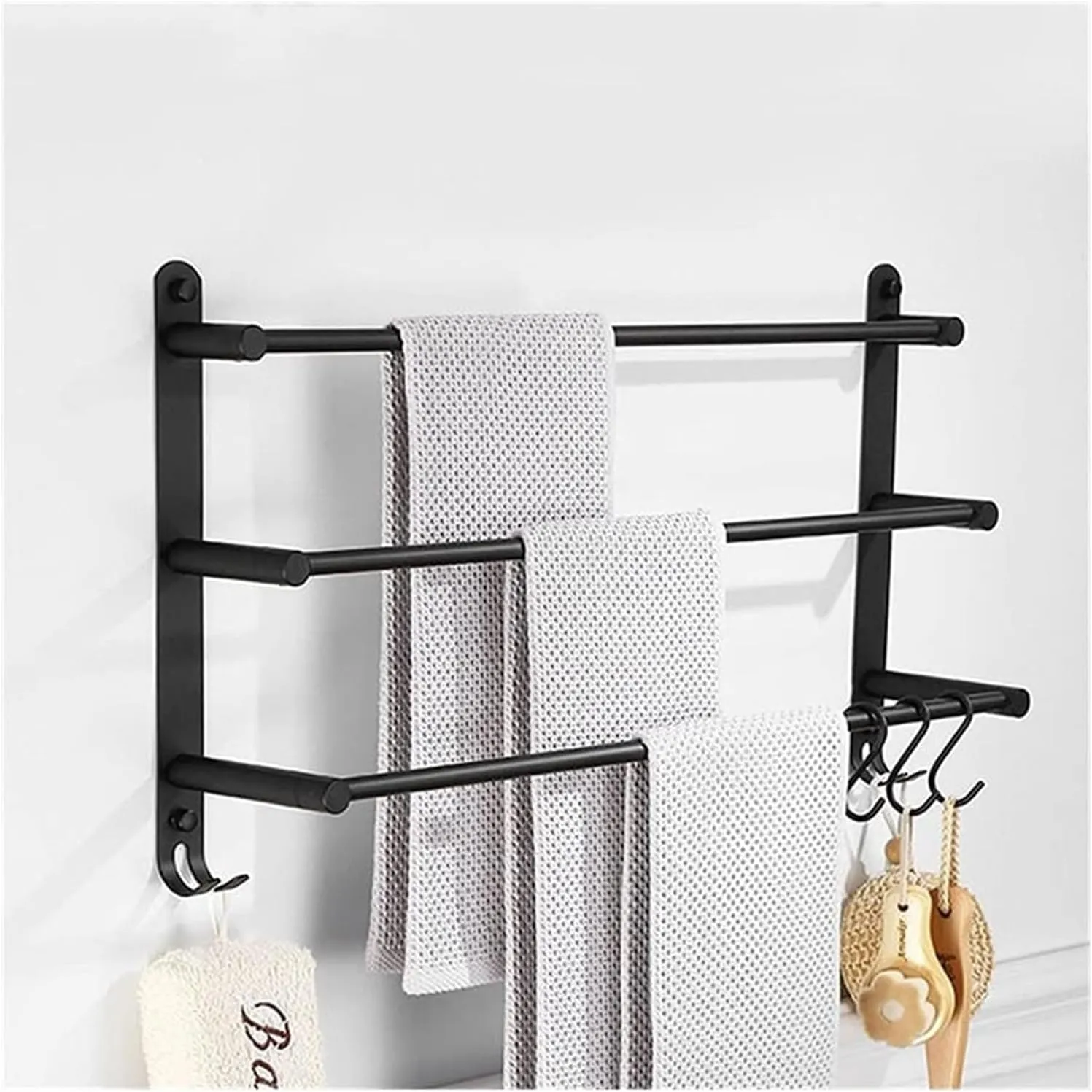 Towel Racks Towel Rail for Bathroom, 3-Tier Towel Bar, 30/40/50/60Cm Bathroom Hand Towel Holder, Rustproof Towel Hanger/Slipper Rack with 2 Hooks Wall Mount/Black-50Cm/a (Color : Black-40cm, Size :
