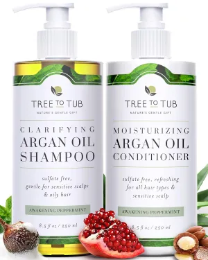 Tree to Tub Sulfate Free Shampoo & Conditioner Set for Oily Hair, Frizz, Sensitive Scalp - Hydrating Argan Oil Shampoo and Conditioner for Women & Men w/Organic Coconut Oil, All Natural Peppermint