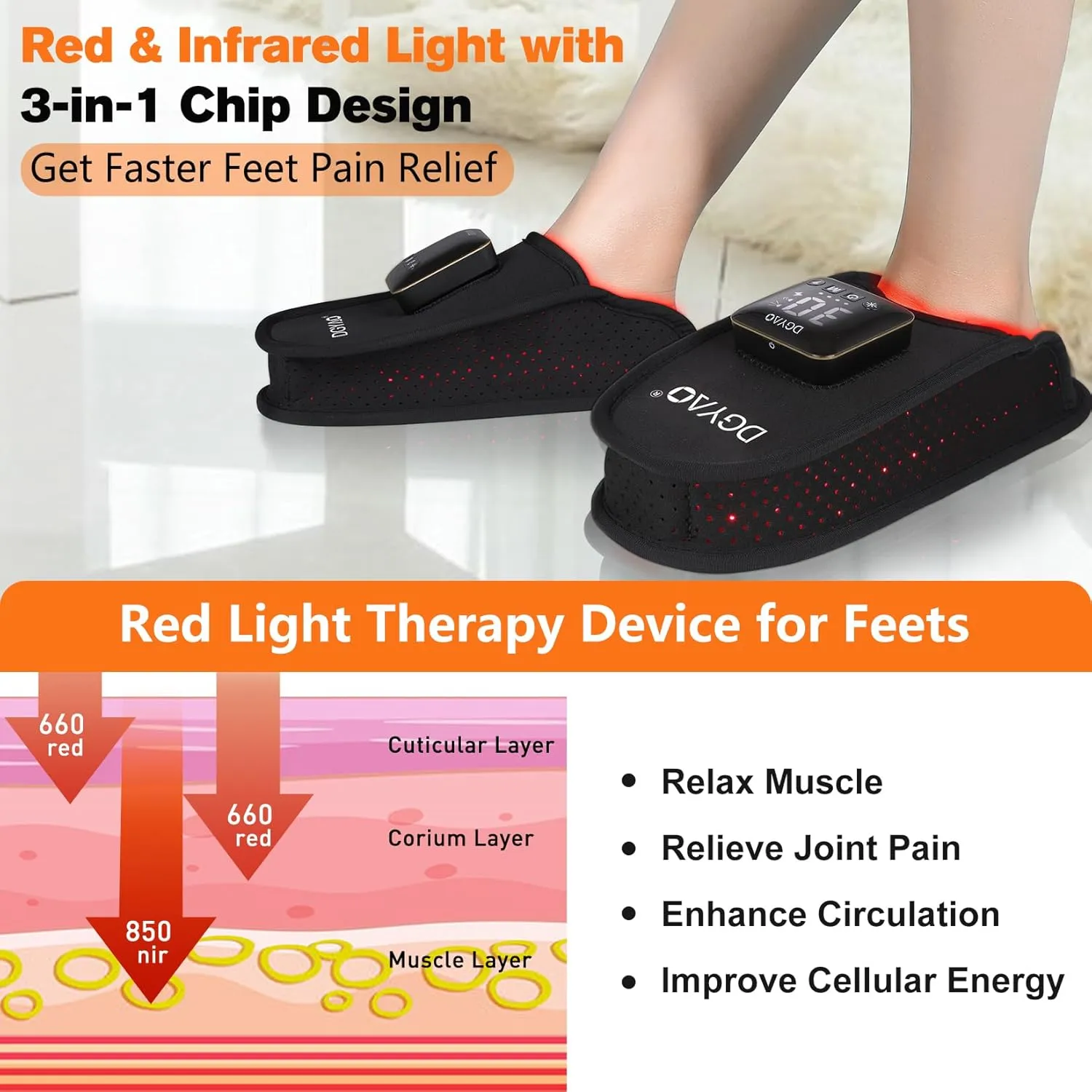 TUOB Cordless Red Infrared Light Therapy for Feet Pain Relief, Rechargeable LED Light Therapy Device for Foot, Double Side Pad Infrared Light Slipper Benefit for Feet Toes Instep Joint Pain Relief