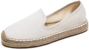U-lite Women's Classic Slip on Flat Shoes Casual Cap-Toe Platform Simple Espadrille Canvas Loafers White Color Size 6.5