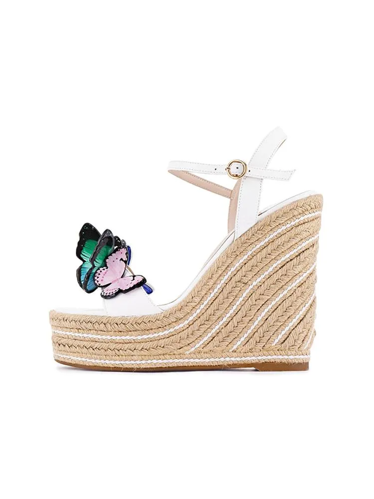 Vegan Leather Single Band With Butterflies Open-toe Espadrille Wedge Sandals With Buckle Ankle Strap