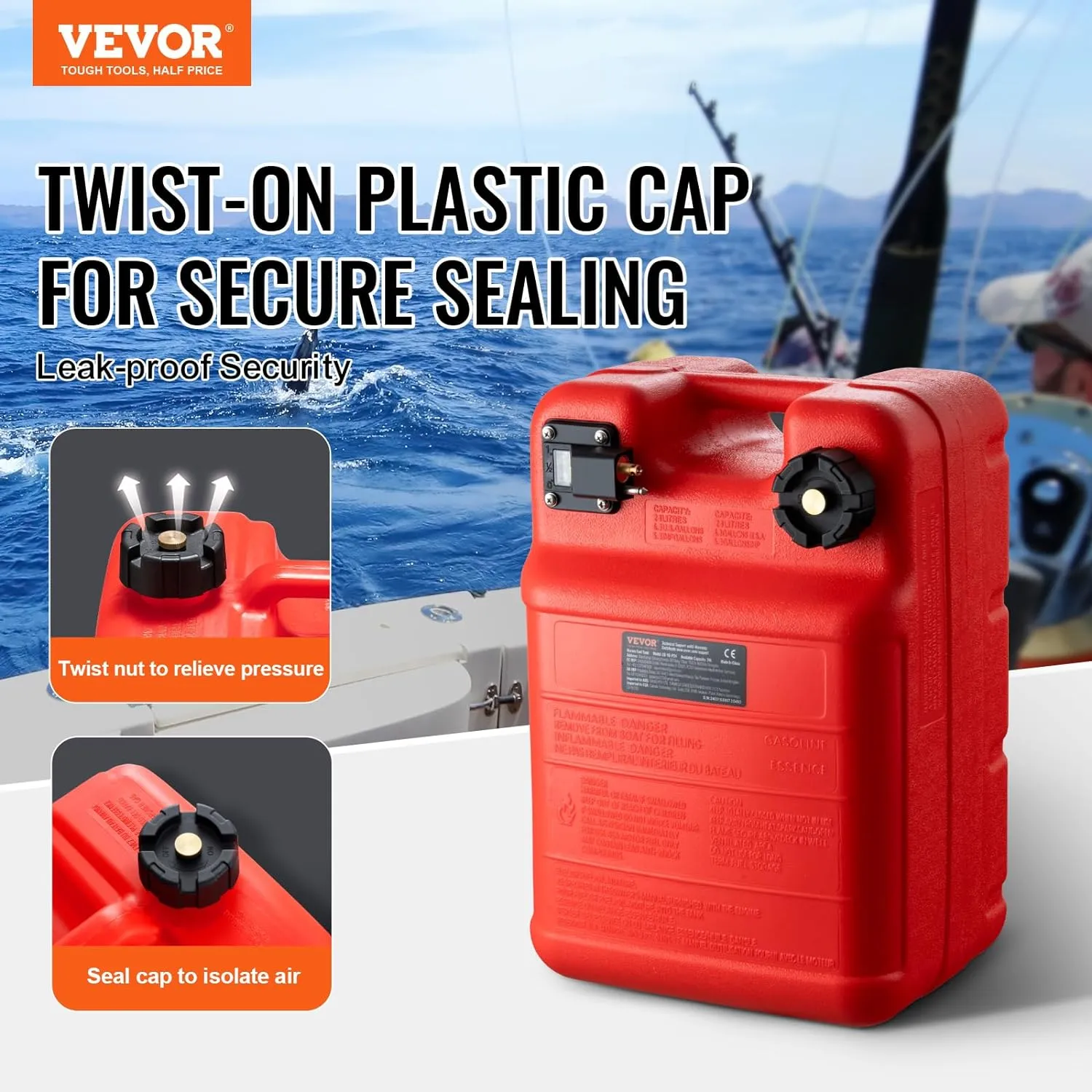 VEVOR Marine Tank, 6.34-Gallon/24-L Portable Tank with 9.8ft Hose, Gauge for Outboard Engine, Yacht, Fishing, Deck Boat, Red