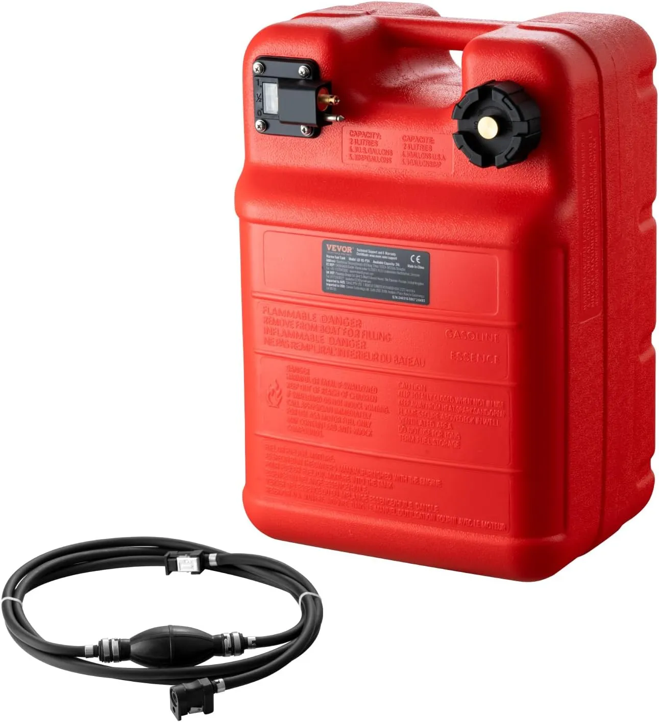 VEVOR Marine Tank, 6.34-Gallon/24-L Portable Tank with 9.8ft Hose, Gauge for Outboard Engine, Yacht, Fishing, Deck Boat, Red