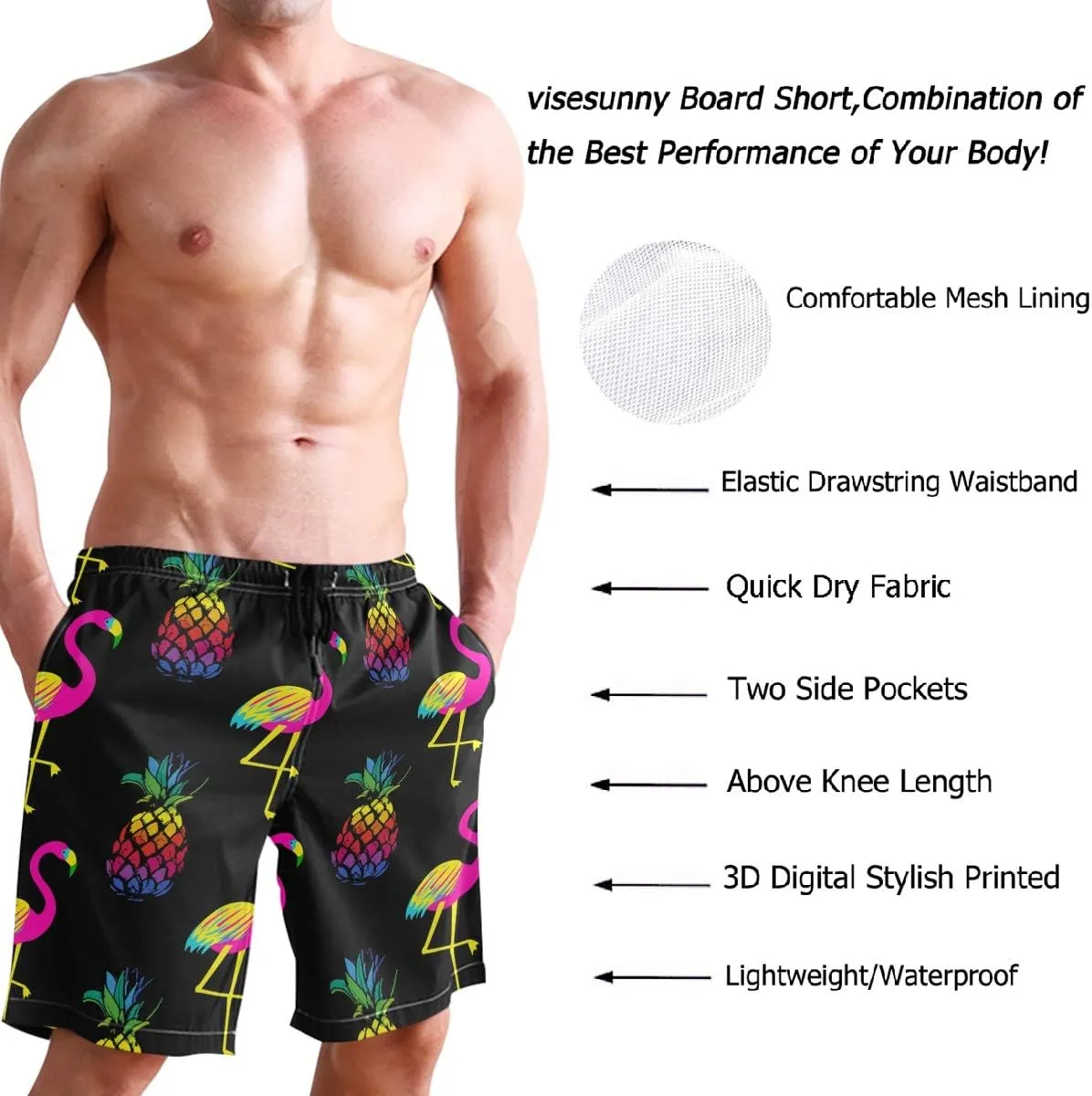 visesunny Hawaiian Men's Summer Beach Shorts Swim Trunks Sports Running Bathing Suits with Mesh Lining