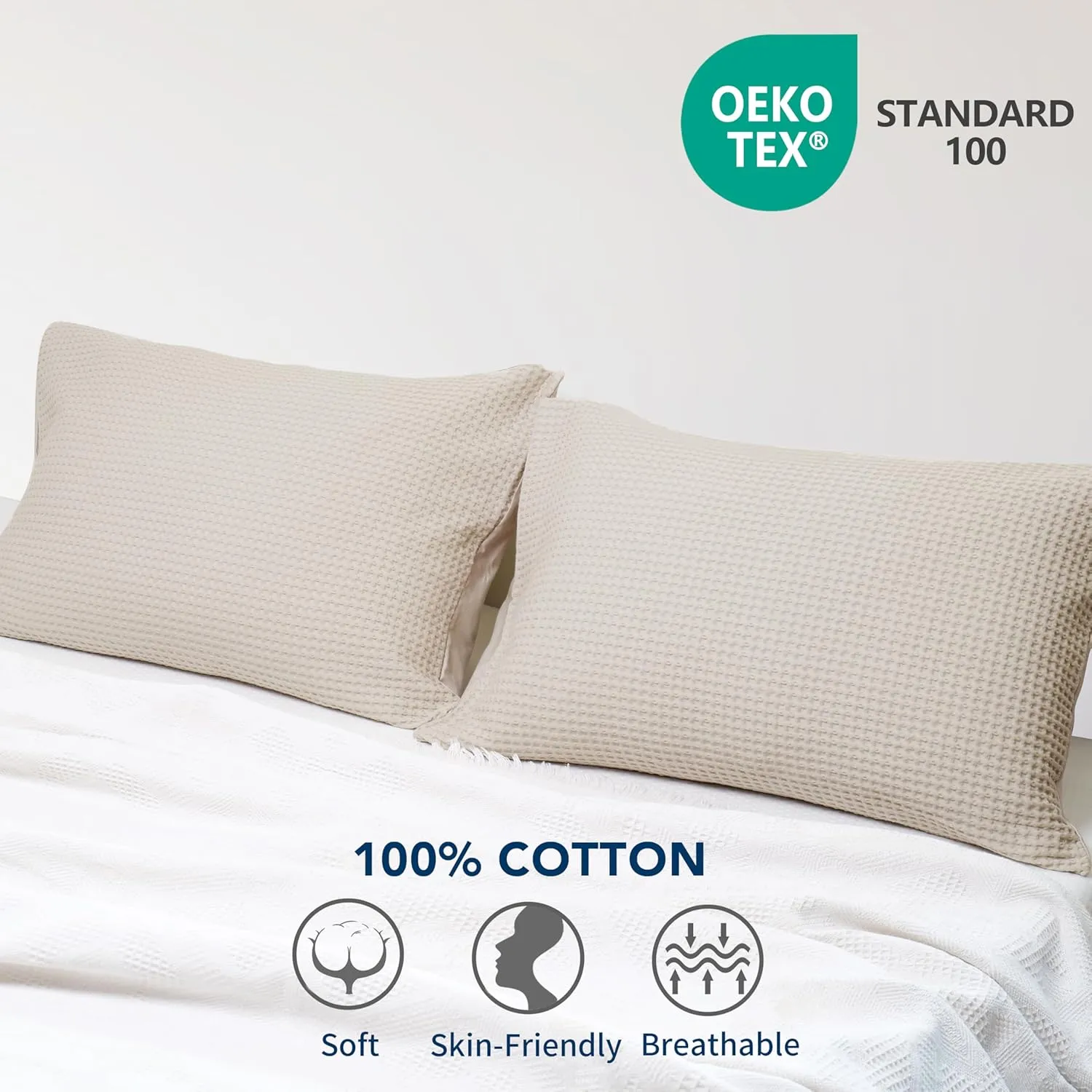 Waffle Weave Pillowcases King Size 2 Pack, 100% Egyptian Cotton 600 Thread Count, Ultra Soft Pillow Shams with Envelope Closure, Breathable Skin-Friendly Pillow Case, Beige, 20x36 Inches