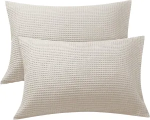 Waffle Weave Pillowcases King Size 2 Pack, 100% Egyptian Cotton 600 Thread Count, Ultra Soft Pillow Shams with Envelope Closure, Breathable Skin-Friendly Pillow Case, Beige, 20x36 Inches
