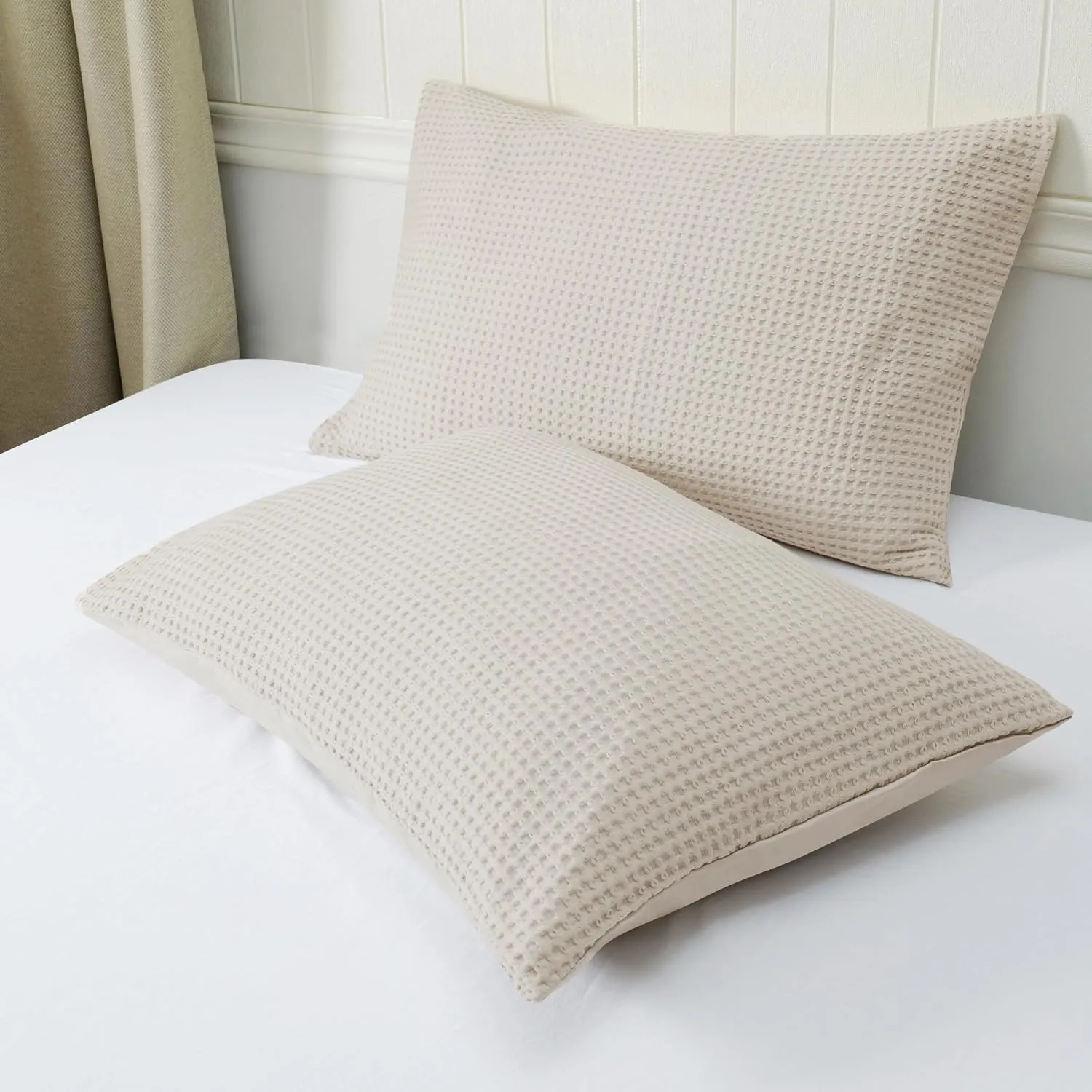 Waffle Weave Pillowcases King Size 2 Pack, 100% Egyptian Cotton 600 Thread Count, Ultra Soft Pillow Shams with Envelope Closure, Breathable Skin-Friendly Pillow Case, Beige, 20x36 Inches