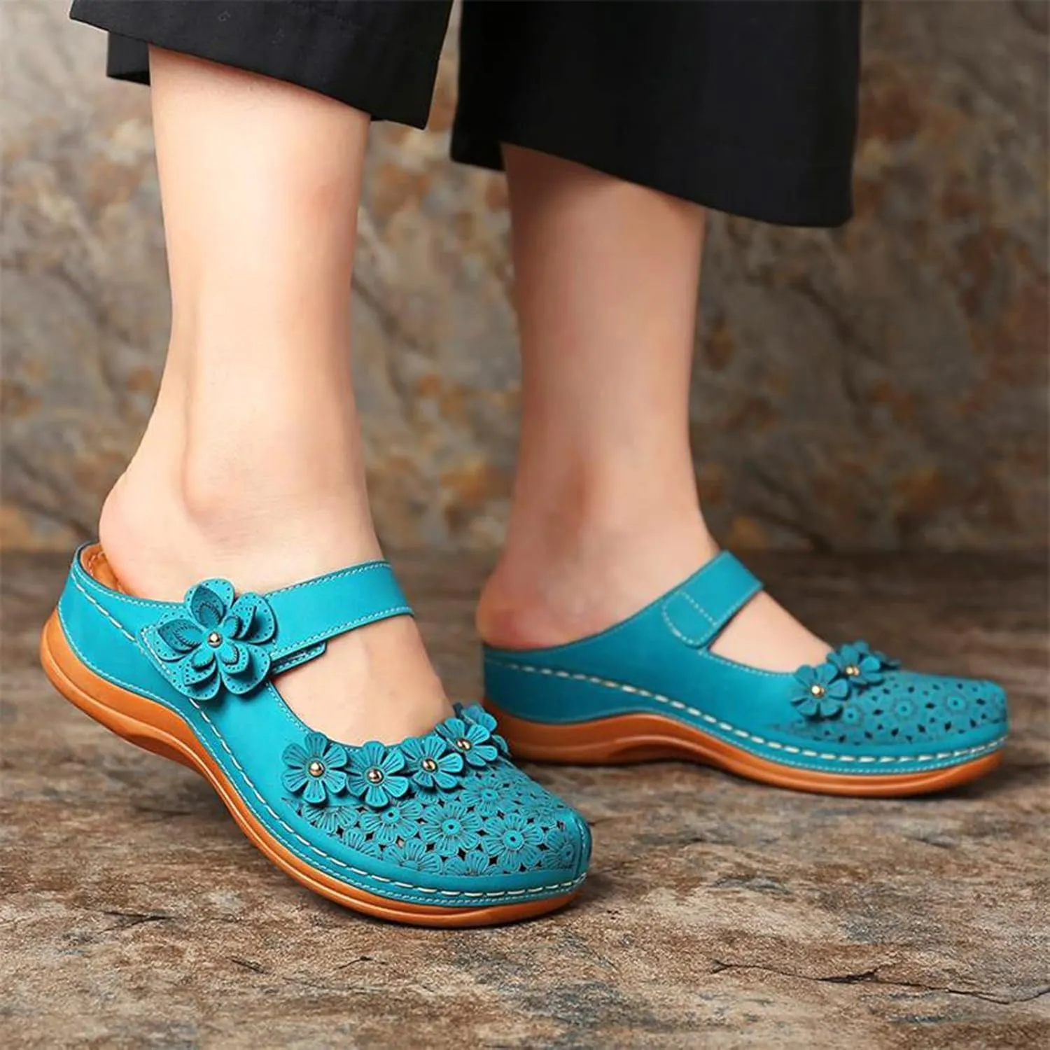 Wedge Sandals for Women Dressy Comfortable Summer Platform Orthopedic Sandals, Closed Toe Flower Strap Walking Slippers Sandal Hollow Out Breathable Walking Shoes with Arch Support