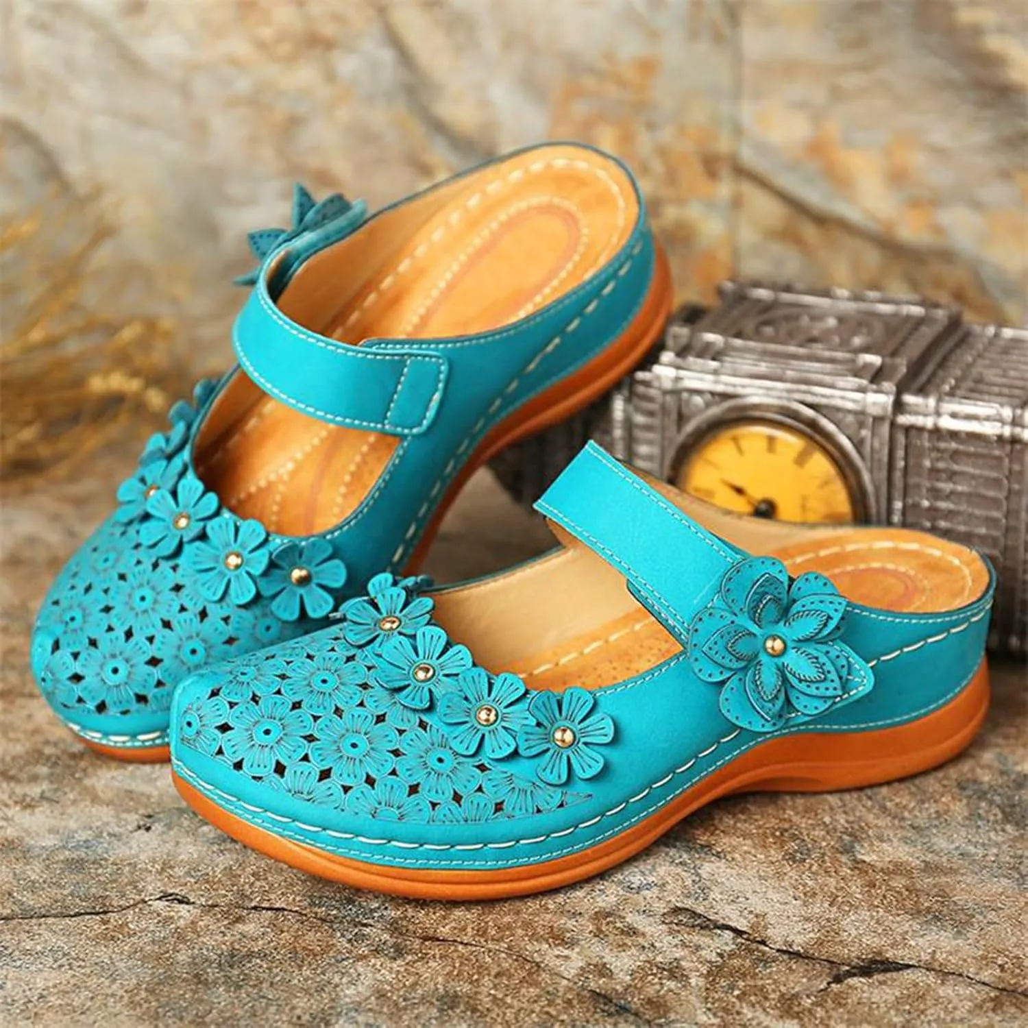 Wedge Sandals for Women Dressy Comfortable Summer Platform Orthopedic Sandals, Closed Toe Flower Strap Walking Slippers Sandal Hollow Out Breathable Walking Shoes with Arch Support