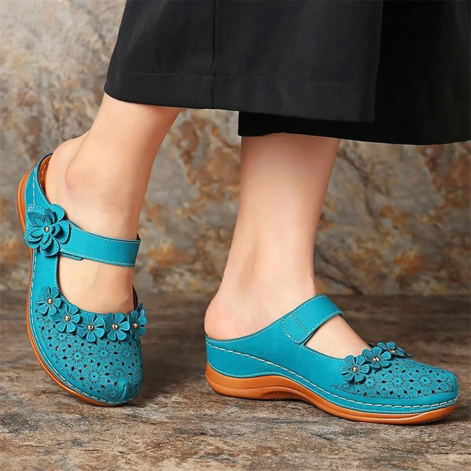 Wedge Sandals for Women Dressy Comfortable Summer Platform Orthopedic Sandals, Closed Toe Flower Strap Walking Slippers Sandal Hollow Out Breathable Walking Shoes with Arch Support