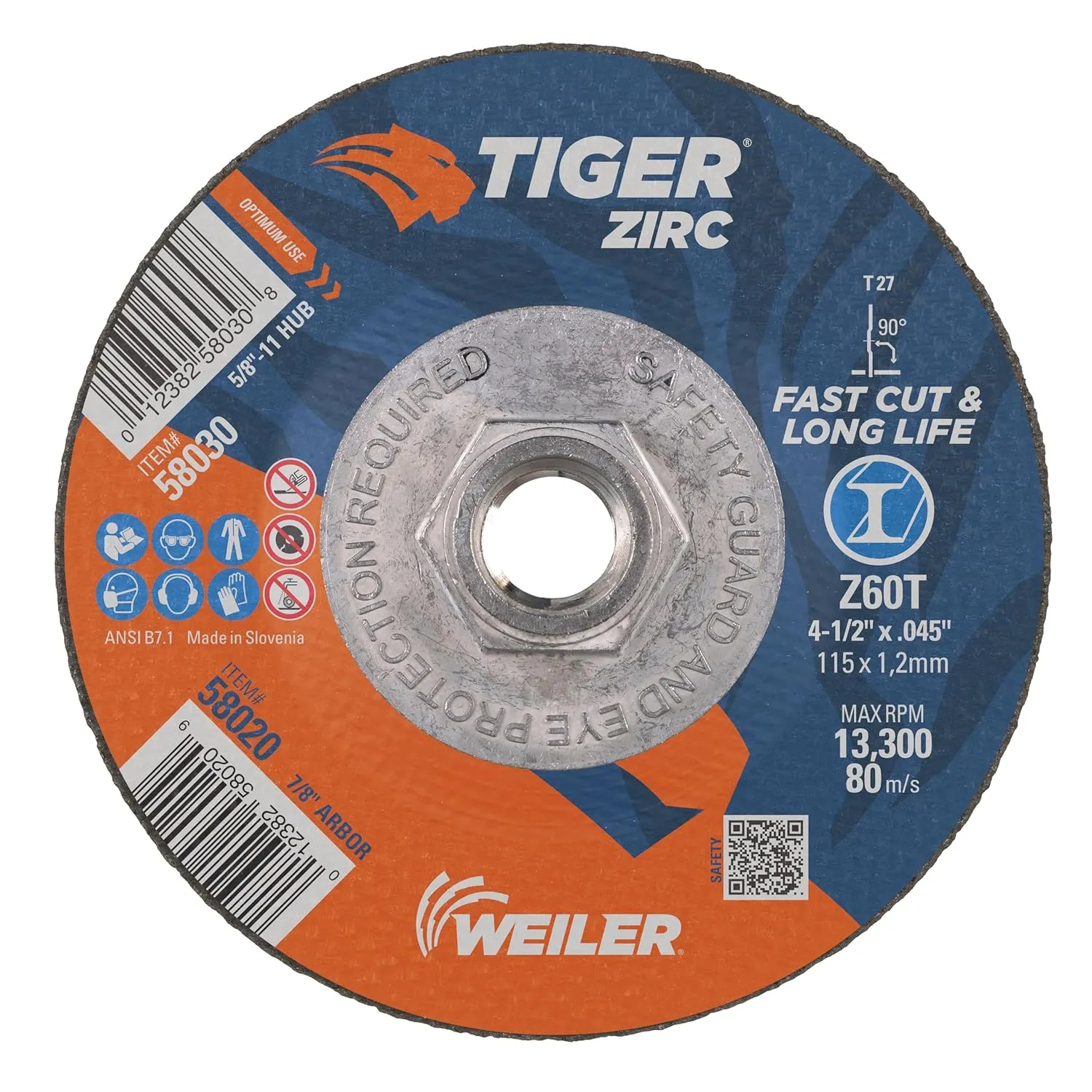 Weiler 58030 4-1/2 Inch Cutting Wheel, Tiger Zirc Steel/Metal Fast Cut & Long Life High Performance Cutting, .045" Z60T Type 27 5/8"-11 Hub, Pack of 10