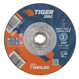 Weiler 58030 4-1/2 Inch Cutting Wheel, Tiger Zirc Steel/Metal Fast Cut & Long Life High Performance Cutting, .045" Z60T Type 27 5/8"-11 Hub, Pack of 10