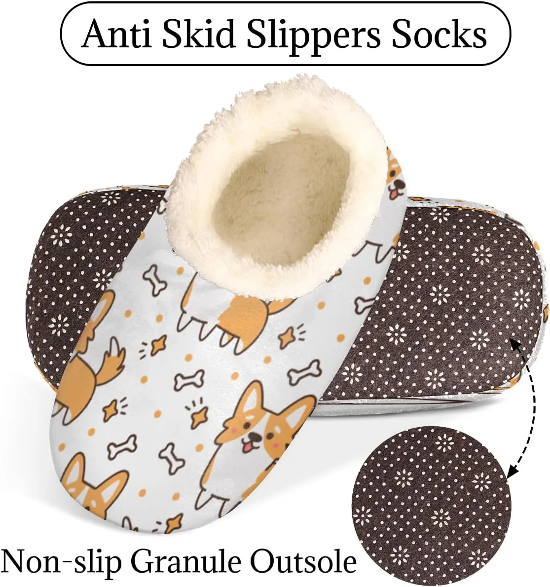 Welsh Corgi Bone House Slippers for Women/Men, Non-Slip House Slipper Socks, Plush Lined Slippers Shoes for Boys Girls Teens Indoor Bedroom (Cute Dog)