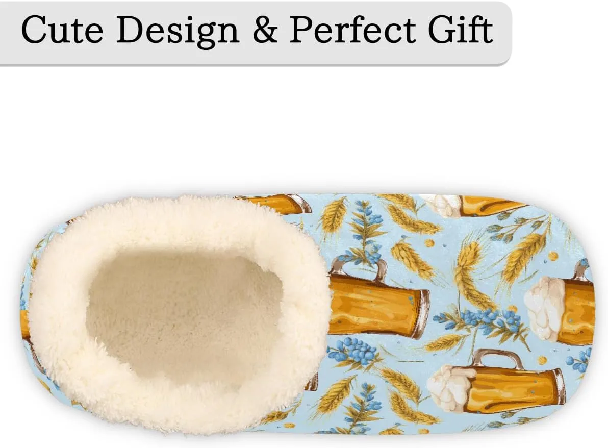 Wheat Ear Beer Cup Pattern Slippers for Women Slipper Socks Soft Fuzzy House Slippers Shoes for Indoor Bedroom, Winter Cozy Christmas Gifts, Wheat