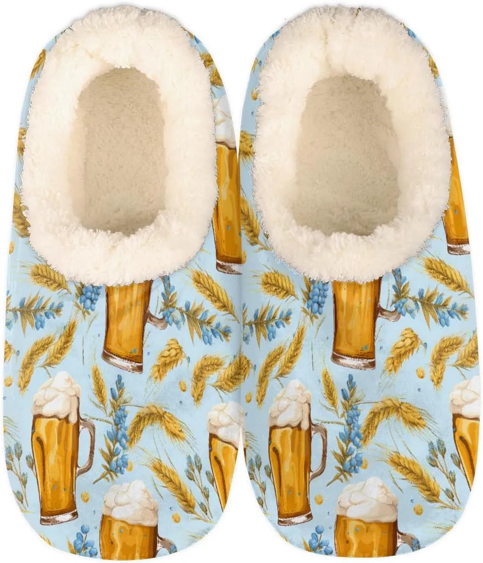 Wheat Ear Beer Cup Pattern Slippers for Women Slipper Socks Soft Fuzzy House Slippers Shoes for Indoor Bedroom, Winter Cozy Christmas Gifts, Wheat