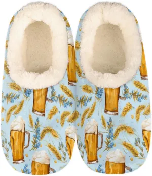 Wheat Ear Beer Cup Pattern Slippers for Women Slipper Socks Soft Fuzzy House Slippers Shoes for Indoor Bedroom, Winter Cozy Christmas Gifts, Wheat