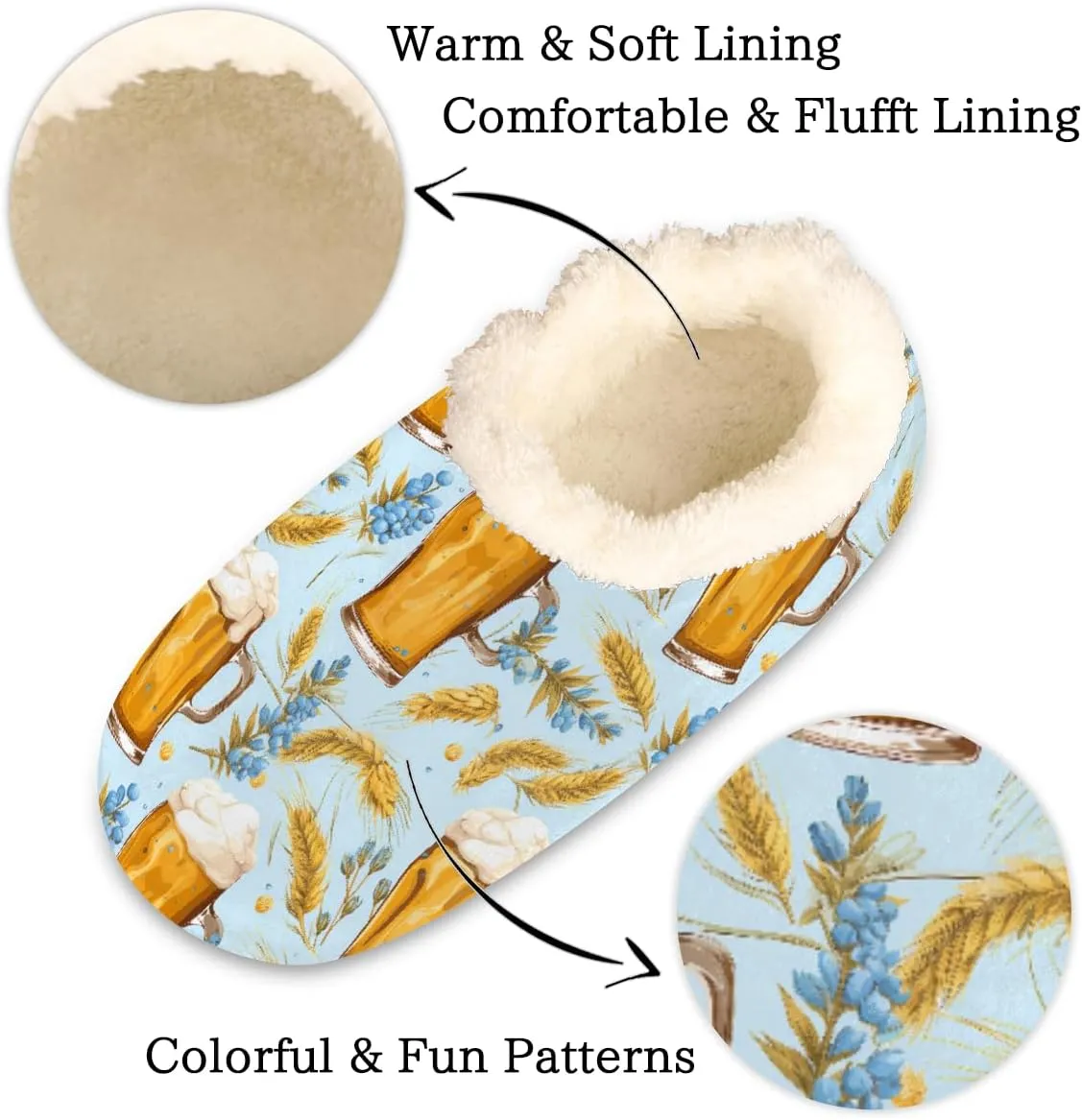 Wheat Ear Beer Cup Pattern Slippers for Women Slipper Socks Soft Fuzzy House Slippers Shoes for Indoor Bedroom, Winter Cozy Christmas Gifts, Wheat
