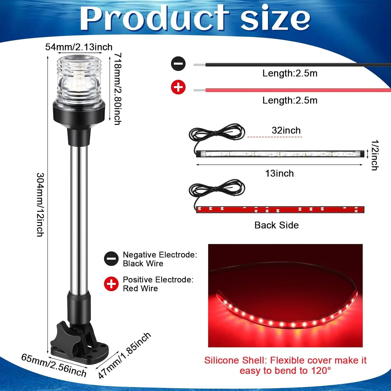 White LED Boat Stern Light with 2 Pcs 8.2ft Extra Cables All Round 12-24v, and 2 Pcs Navigation Lights LED Anchor for Boats Red and Green Running Marine(12 Inch)