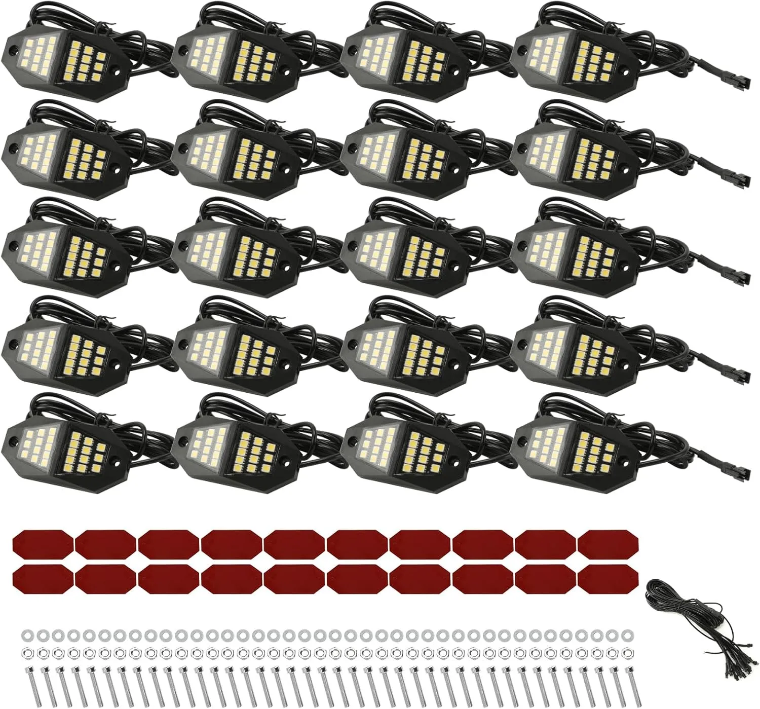 Winunite 20 Pods White Rock Lights, 24 Wide Angle SMD Chips, 5M Extension Wires Each Light, 6000K Pure White, High Adhesive Stickers, Waterproof Rock Lights for Trucks Trailer Cars SUV ATV UTV Boats