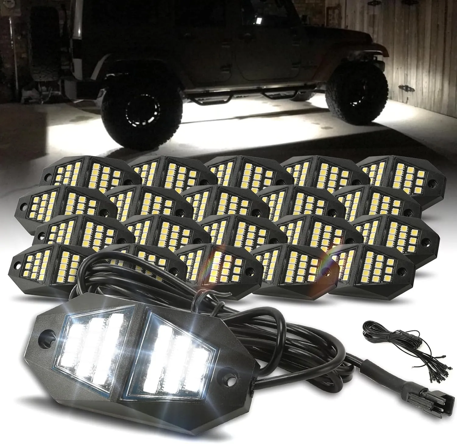 Winunite 20 Pods White Rock Lights, 24 Wide Angle SMD Chips, 5M Extension Wires Each Light, 6000K Pure White, High Adhesive Stickers, Waterproof Rock Lights for Trucks Trailer Cars SUV ATV UTV Boats