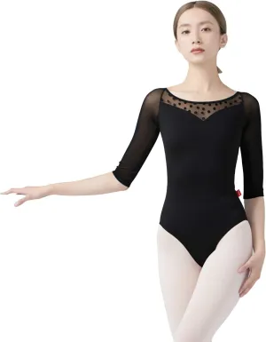 Women Dance Leotards Mesh 3/4 Sleeve Ballet Clothes Bodysuit
