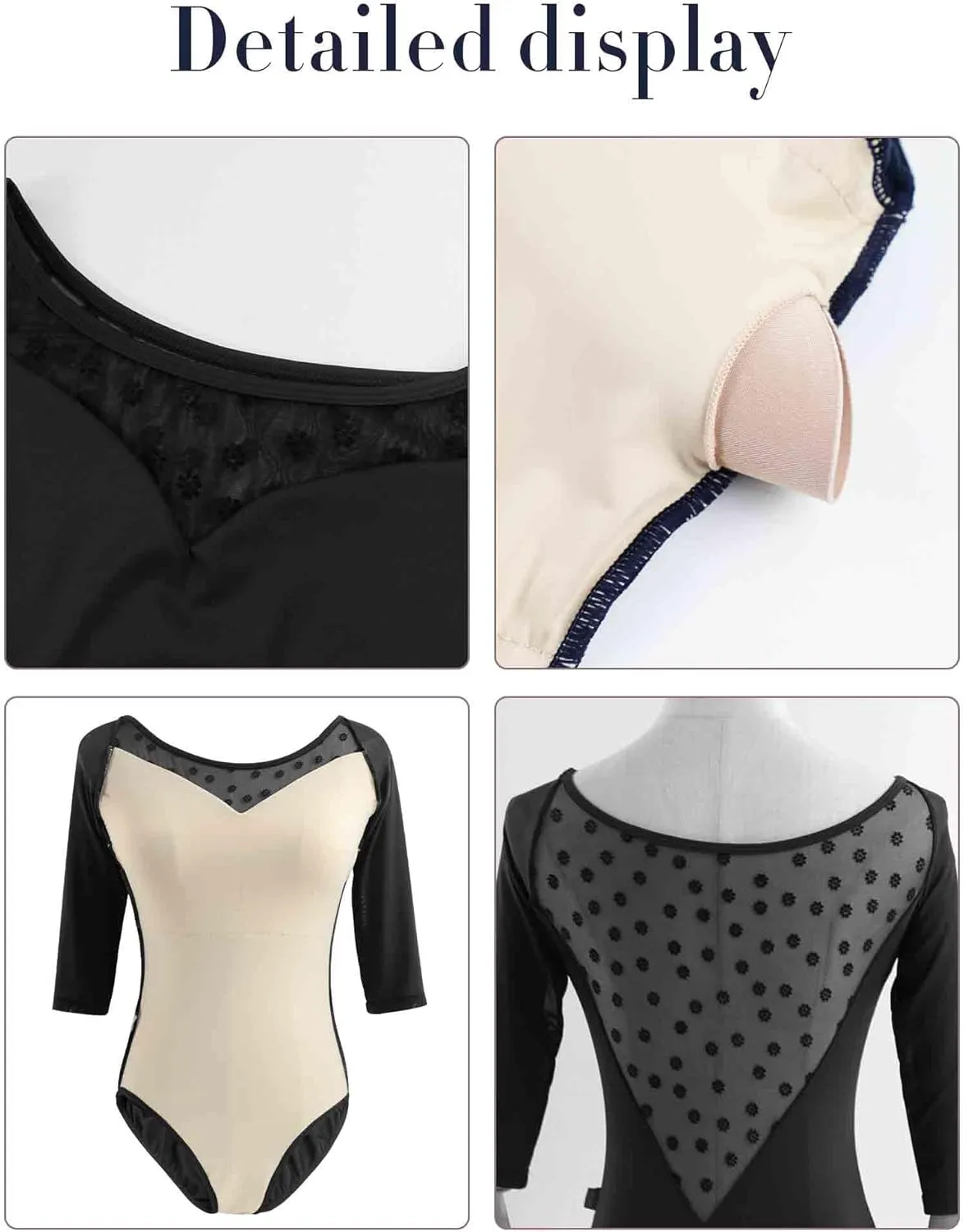 Women Dance Leotards Mesh 3/4 Sleeve Ballet Clothes Bodysuit