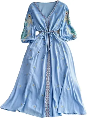 Women Ethnic Storm Semitic Beach Dress Vacation V-Neck Embroidered Dresses Waist Mid Length Dress