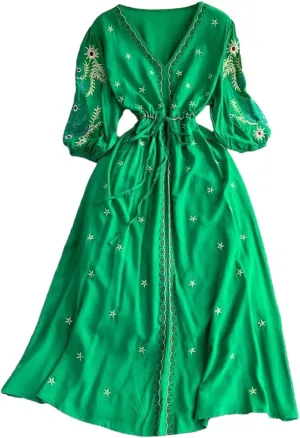 Women Ethnic Storm Semitic Beach Dress Vacation V-Neck Embroidered Dresses Waist Mid Length Dress