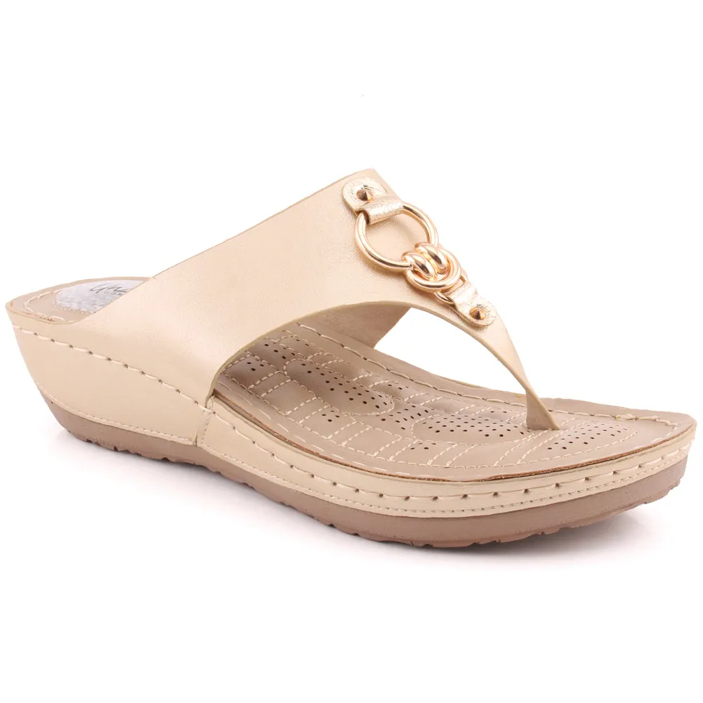 Women "ATHENA" Metallic Buckle Adorned Thong Comfort Wedge Slippers