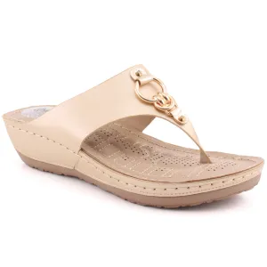 Women "ATHENA" Metallic Buckle Adorned Thong Comfort Wedge Slippers