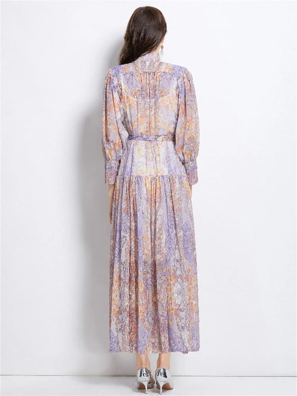 Women Stand Neck Lantern Sleeve Dress Floral Robe Pleated Maxi Dresses Buttons Lace Up Dress