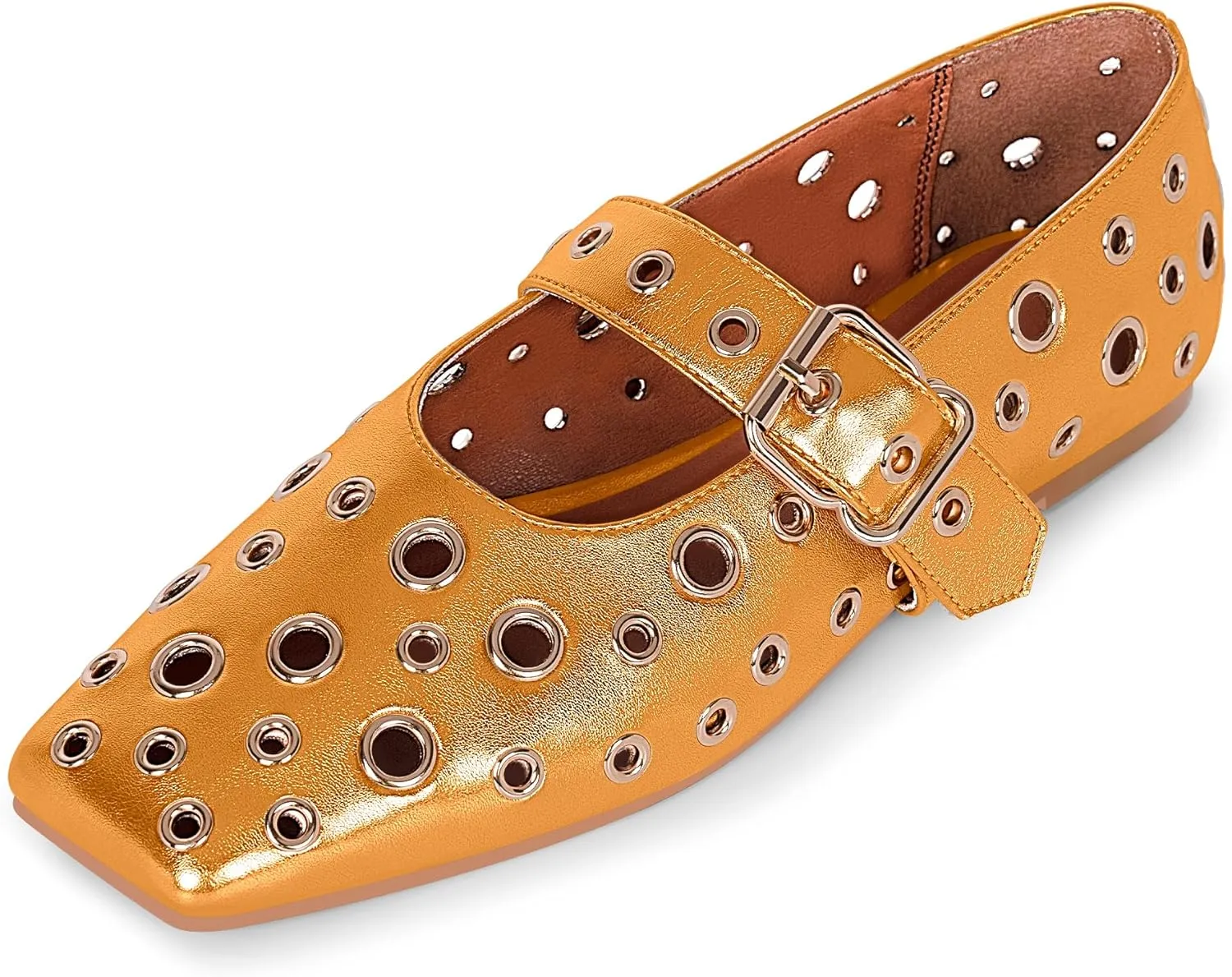 Women's Ballet Flats Studded Metal Eyelet Buckle Perforated Mary Jane Shoes
