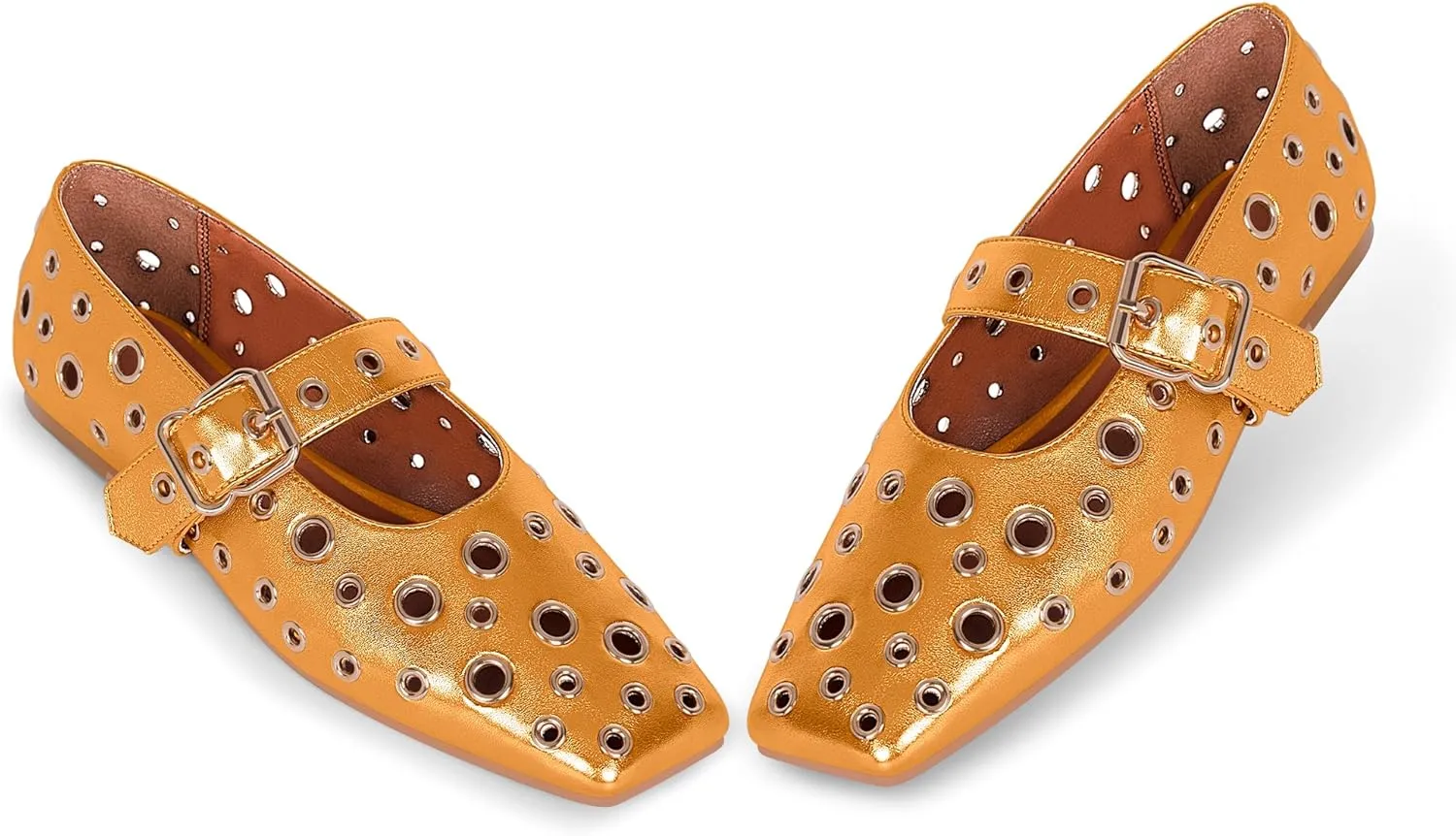 Women's Ballet Flats Studded Metal Eyelet Buckle Perforated Mary Jane Shoes