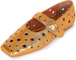 Women's Ballet Flats Studded Metal Eyelet Buckle Perforated Mary Jane Shoes