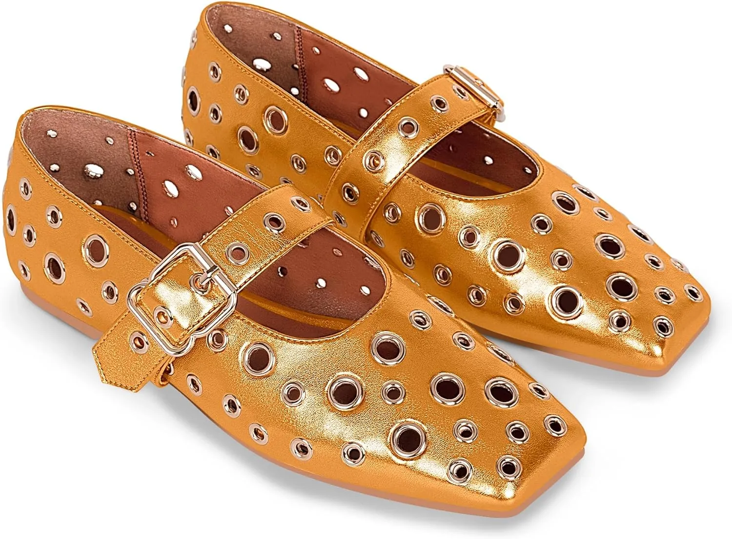 Women's Ballet Flats Studded Metal Eyelet Buckle Perforated Mary Jane Shoes