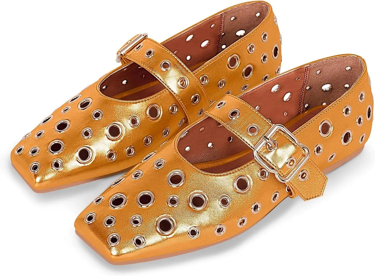 Women's Ballet Flats Studded Metal Eyelet Buckle Perforated Mary Jane Shoes