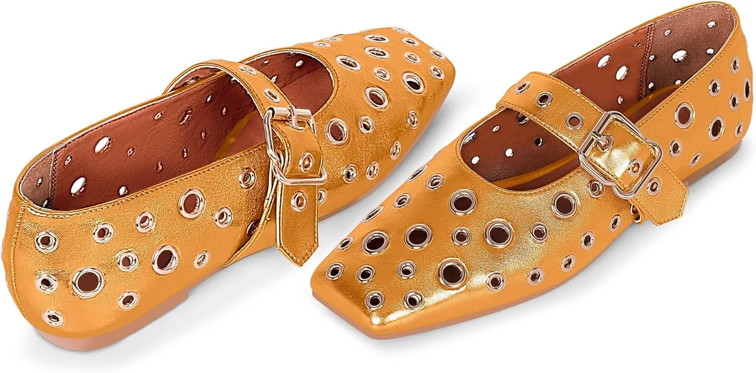 Women's Ballet Flats Studded Metal Eyelet Buckle Perforated Mary Jane Shoes